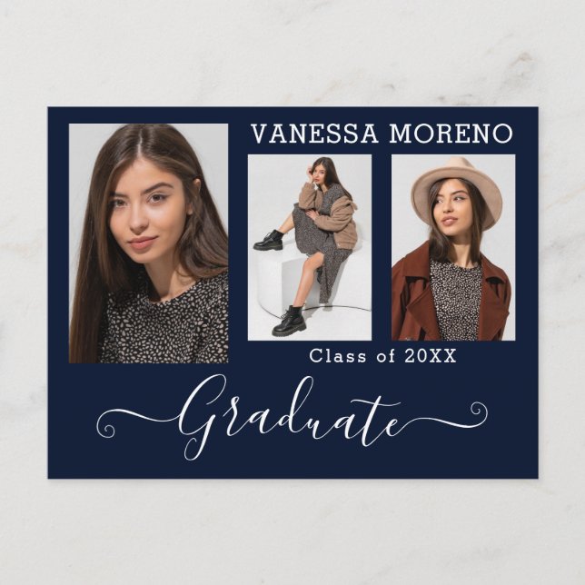 Postal Guión de caligrafía moderna 3 Foto Graduación azul (Anverso)
