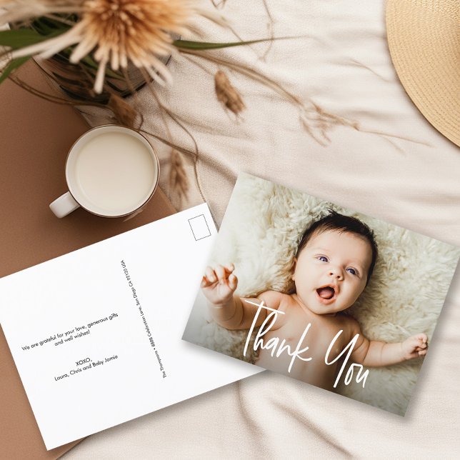 Postal Guión de control Baby Shower de foto horizontal (Modern Handlettering thank you script baby photo postcard.)
