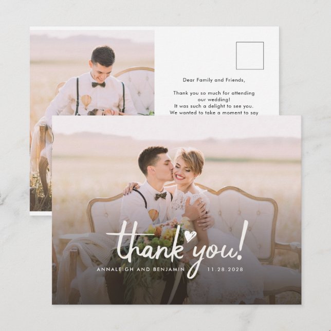 Postal Guión de corazón de amor de foto de boda Gracias (Anverso / Reverso)