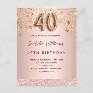 Postal Guión de globo de estrellas rosa rosa de 40 años