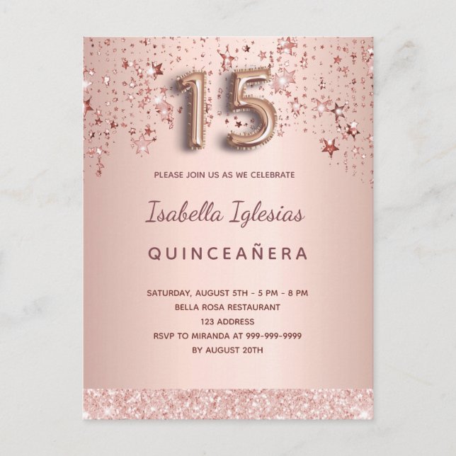 Postal Guión de globo de estrellas rosa rosa Quinceanera (Anverso)