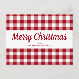 Postal Guión de Merry Christmas en cuadros rojos