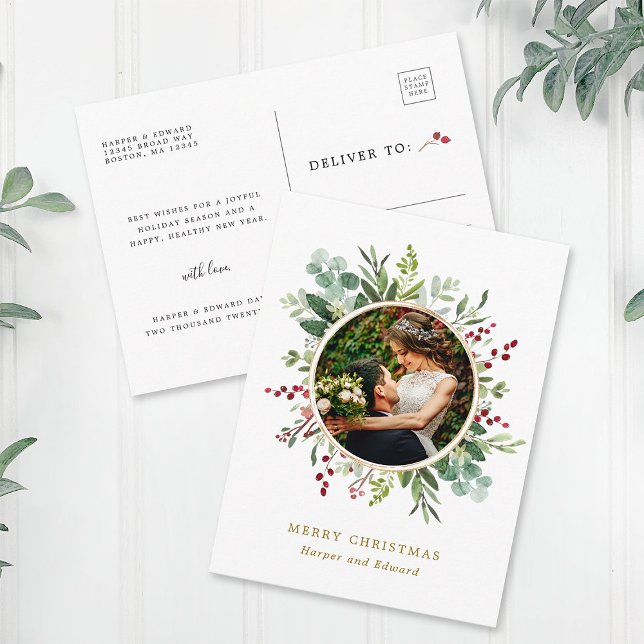 Postal Guión de oro de Navidad botánico Foto festivo (Front & Back)