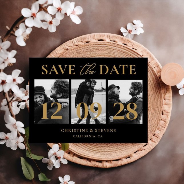 Postal Guión de oro negro para boda Save The Date Foto (Subido por el creador)