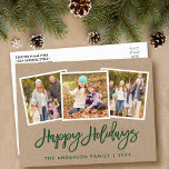 Postal Guión de pincel 3 Kraft de vacaciones familiares d<br><div class="desc">Guión de pincel verde moderno 3 Familia de fotos Felices vacaciones Kraft Postcard</div>