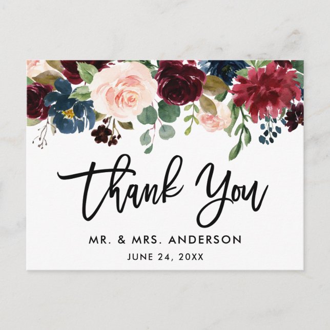 Postal Guión de pincel Borgoña Azul Boda Floral Gracias (Anverso)
