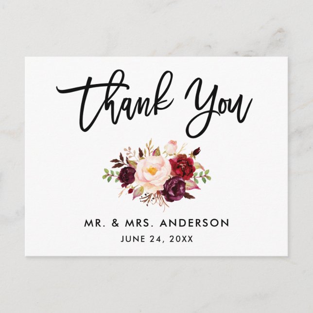 Postal Guión de pincel Borgoña Boda Floral Gracias (Anverso)