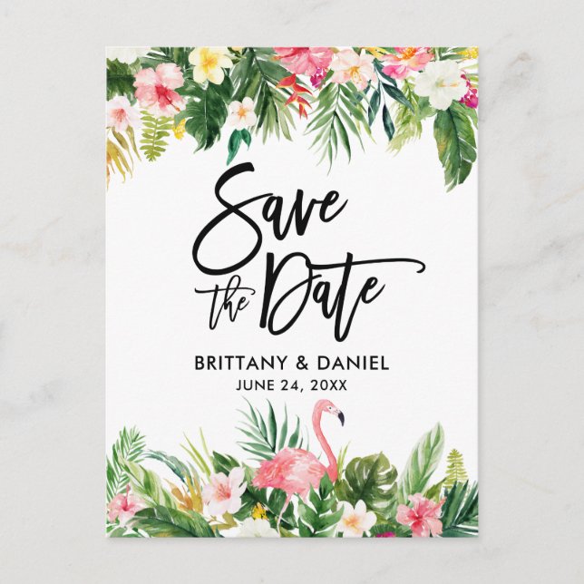 Postal Guión de pincel Guardar la fecha Flamingo tropical (Anverso)
