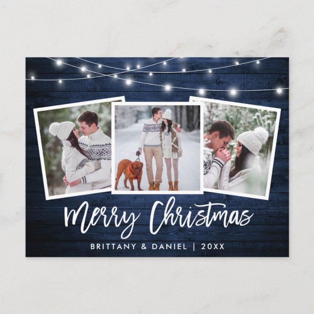 Postal Guión de pincel Iluminación de madera azul 3 Navid (Anverso)