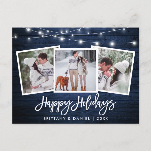 Postal Guión de pincel Luces de madera azul 3 Festividad (Anverso)