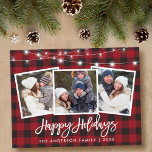 Postal Guión de pincel Luces rojas de plástico 3 Festivid<br><div class="desc">Brussel Script 3 Familia de fotos Tarjeta de vacaciones feliz con luces de cadena - Tapado de búfalo rojo</div>