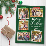 Postal Guión de pincel Merry Cinta de artesanía navideña<br><div class="desc">Guión de pincel moderno Feliz Navidad 5 Collage de fotos con tarjeta de postales de ferias de Cinta. Fondo verde forestal.</div>