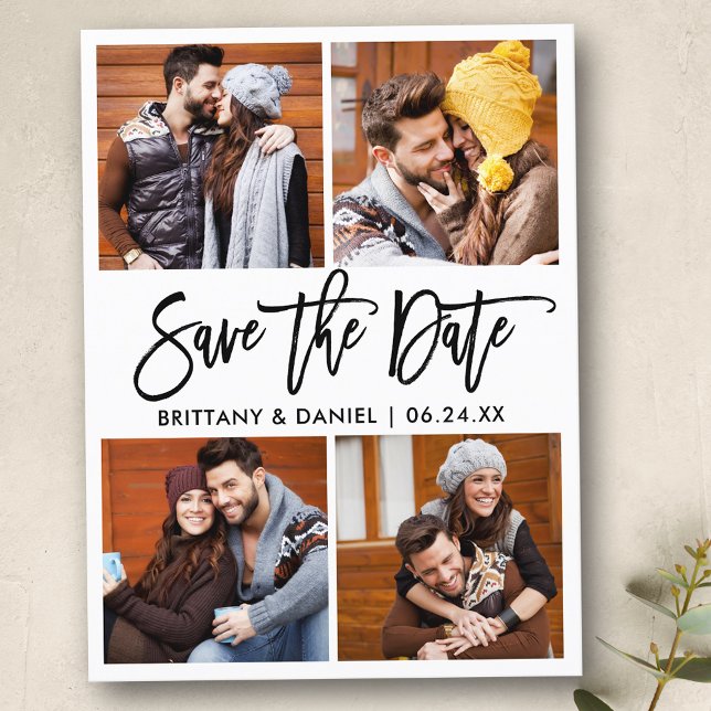 Postal Guión De Pincel Moderno 4 Collage de fotos Guardar (Customize to change your personalized text size or text style.)