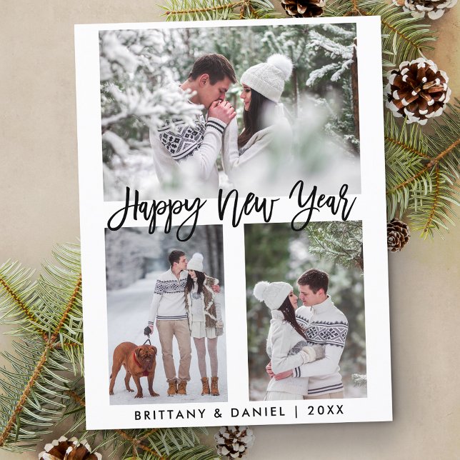 Postal Guión de pincel moderno Feliz Año Nuevo 3 Festivid (Customize to change your personalized text size or text style.)