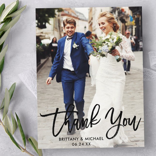 Postal Guión de pincel moderno | Foto Boda Gracias (Customize to change your personalized text size or text style.)