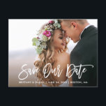Postal Guión de pincel moderno Guardar nuestra foto de fe<br><div class="desc">Guión de pincel moderno Guardar nuestra tarjeta postal de foto de pareja de compromiso de fecha</div>