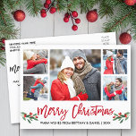 Postal Guión de pincel moderno rojo 5 foto Feliz Navidad<br><div class="desc">Guión de pincel moderno 5 Collage de fotos de fotos de pareja Feliz postal navideña incluye Navidades de acuarela Holly Berries - Guión rojo</div>