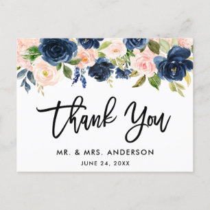 Postal Guión de pincel Rosa Azul Floral Boda Agradecer