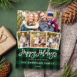 Postal Guión del pincel Felices Fiestas 4 Foto Placa verd<br><div class="desc">Guión de pincel moderno Felices vacaciones Green Plaid Postcard - 4 Fotos</div>