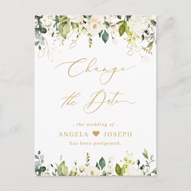 Postal Guión dorado Cambiar la fecha Verdor Rosas blancas (Anverso)