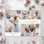 Postal Guión dorado moderno 5 Foto de varios Navidades<br><div class="desc">Presupuesto Minimalista Elegante Caligrafía Caligrafía Blanco y Oro Múltiples Navidades Fototarjetas. Esta festiva y simple plantilla de 5 (5) tarjetas de vacaciones fotográficas incluye un collage de fotos de bonito (en la foto delantera y trasera 1 foto), un texto de saludo de "Feliz Navidad" que está escrito en un hermoso...</div>