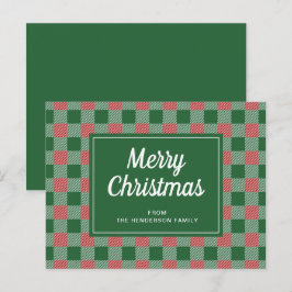 Postal Guión festivo de Navidad en verde a cuadros 