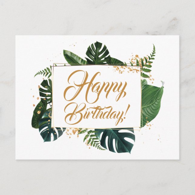 Postal Guión Hojas Verdes Modernas Feliz Cumpleaños (Anverso)
