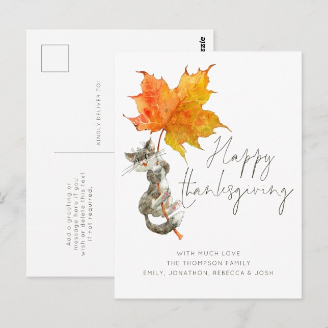 Postal Guión manuscrito de gato lindo Día de Acción de Gr (Anverso / Reverso)