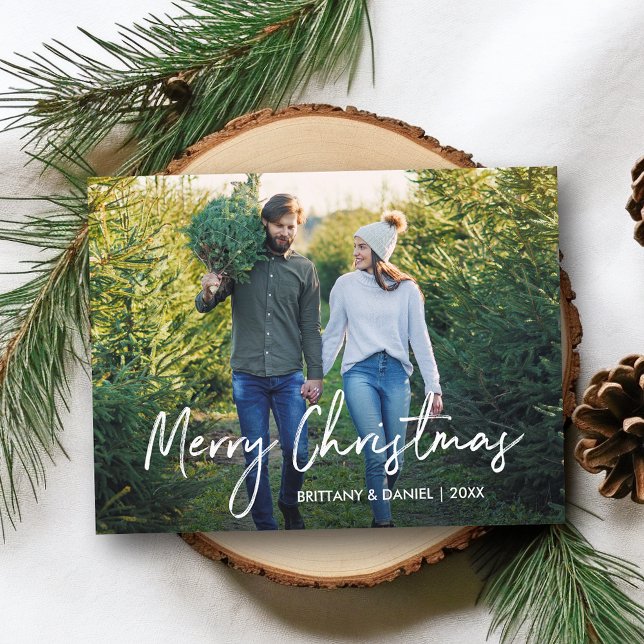 Postal Guión manuscrito Merry Christmas Couple Photo (Customize to change your personalized text size or text style.)