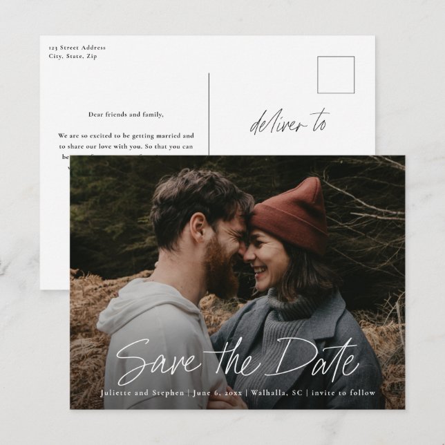Postal Guión moderno Boda simple de fotos Guardar la fech (Anverso / Reverso)