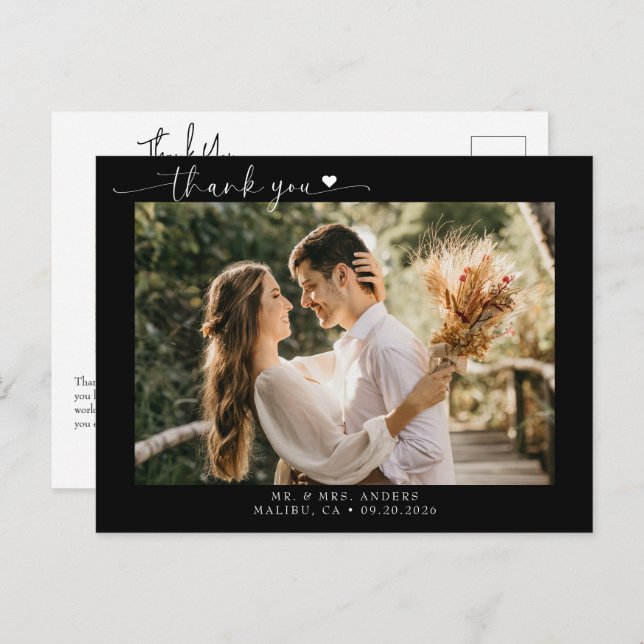 Postal Guión moderno de agradecimiento de boda con foto (Anverso / Reverso)