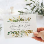 Postal Guión moderno de la caída de oro verde de la acuar<br><div class="desc">Una boda de oro,  púrpura y púrpura,  de ciruela,  salva la postal de la fecha. Hermosa acuarela floral,  follaje y diseño de frutas.</div>