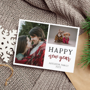 Postal Guión moderno Dos familias de fotos Feliz Año Nuev