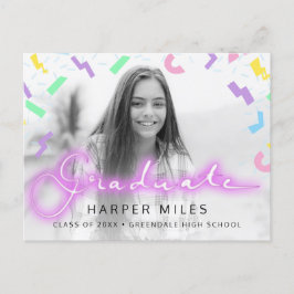 Postal Guión neón de los años 80 y foto de graduación de