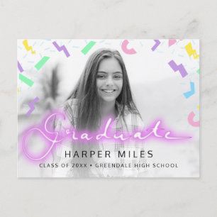 Postal Guión neón de los años 80 y foto de graduación de 