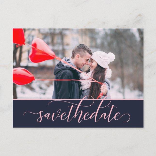 Postal Guión ornado rosado y naval 2-Foto Guardar la fech (Anverso)