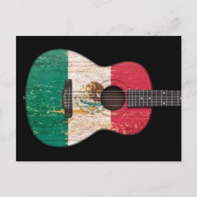 Postal Guitarra acústica con bandera mexicana envejecida  (Anverso)