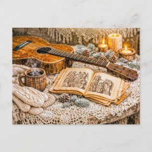 Postal Guitarra Acústica Vintage con Velas y Calidez Inve