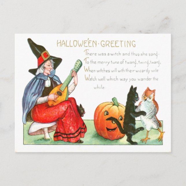 Postal Guitarra De Gato Negro Bruja Jack O Lantern Owl (Anverso)