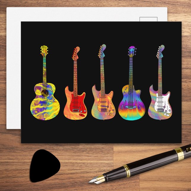 Postal Guitarras Acústicas Eléctricas Psicodélicas (Colorful psychedelic guitars on black postcard)