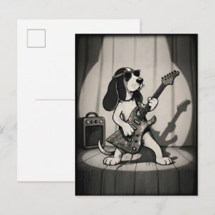 Postal Guitarrista Basset Hound Estrella de Rock Retro Mo