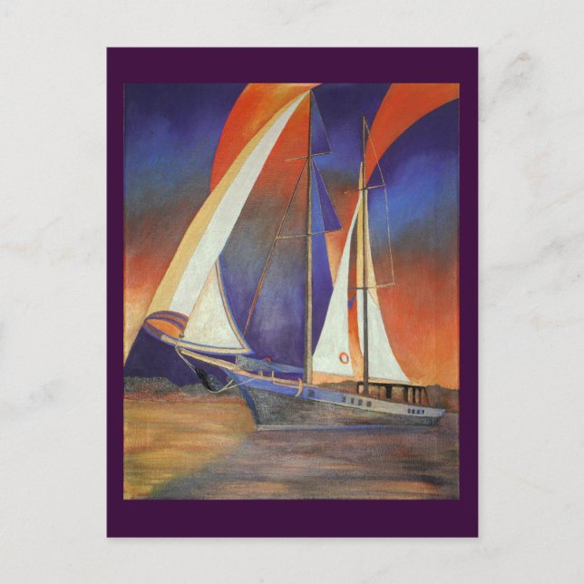 Postal Gulet artístico bajo vela en Naranja y morado (Anverso)