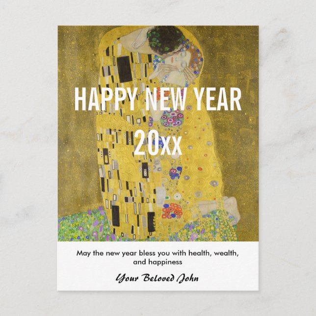 Postal Gustav Klimt - Feliz Año Nuevo con el beso (Anverso)