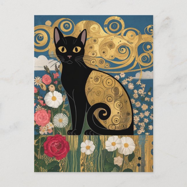 Postal Gustav Klimt Floral Black Cat, arte ecléctico mode (Anverso)