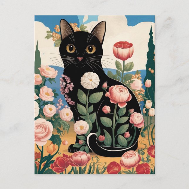 Postal Gustav Klimt Floral Black Cat Arte ecléctico moder (Anverso)
