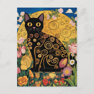 Postal Gustav Klimt Floral Gato Negro, Arte Moderno Ecléc