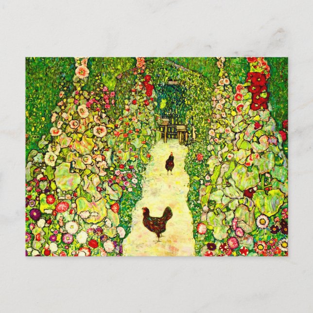 Postal Gustav Klimt Garden con pollos (Anverso)