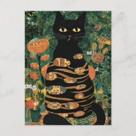 Postal Gustav Klimt Gato Negro en un jardín de flores