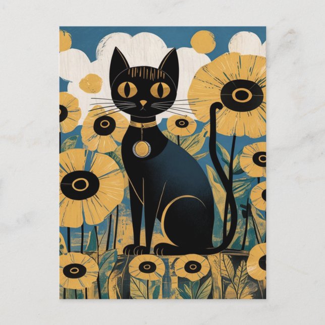 Postal Gustav Klimt Gato negro en un jardín de flores, ar (Anverso)