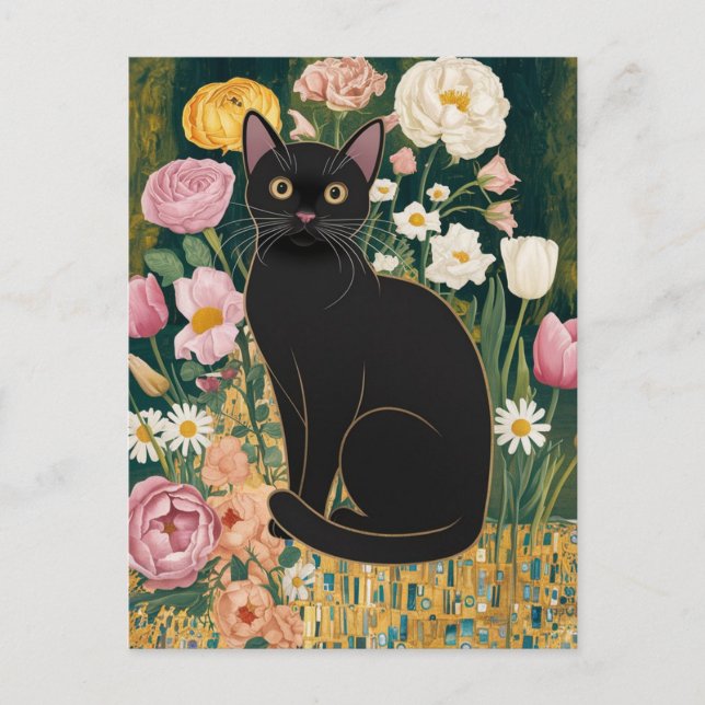 Postal Gustav Klimt Gato negro en un jardín de flores, ar (Anverso)